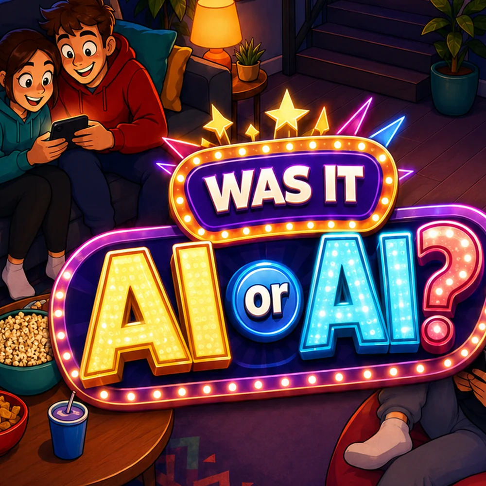 A cartoon living room at night: friends on a couch and a beanbag stare at their phones while a red-eyed robot looms on the stairs behind them, under a lit marquee reading Was it AI or AI?